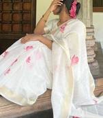 white pink color linen cotton blend digital printed sarees