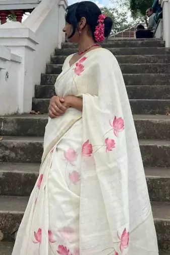 white pink color linen cotton blend digital printed sarees