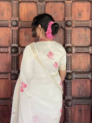 white pink color linen cotton blend digital printed sarees 3