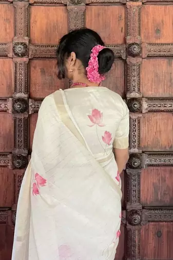white pink color linen cotton blend digital printed sarees