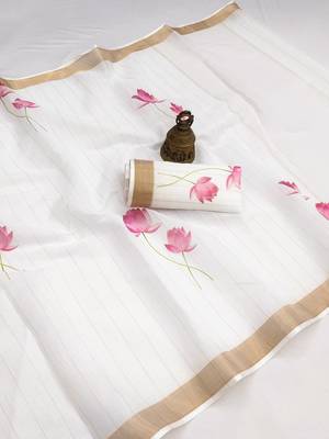 white pink color linen cotton blend digital printed sarees 4