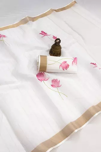 white pink color linen cotton blend digital printed sarees