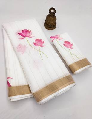 white pink color linen cotton blend digital printed sarees 5