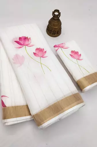 white pink color linen cotton blend digital printed sarees