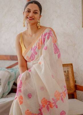 white pink color linen cotton blend digital printed sarees 1