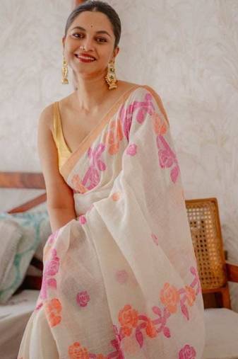 white pink color linen cotton blend digital printed sarees