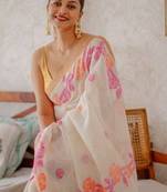 white pink color linen cotton blend digital printed sarees