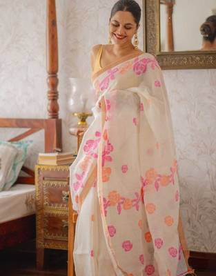 white pink color linen cotton blend digital printed sarees 2