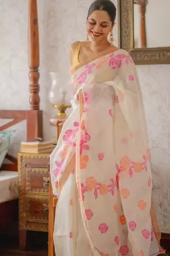 white pink color linen cotton blend digital printed sarees