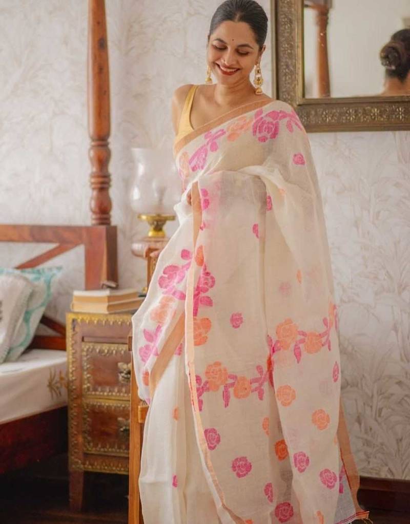 white pink color linen cotton blend digital printed sarees