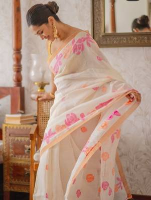 white pink color linen cotton blend digital printed sarees 3