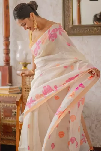 white pink color linen cotton blend digital printed sarees