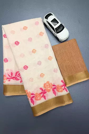 white pink color linen cotton blend digital printed sarees