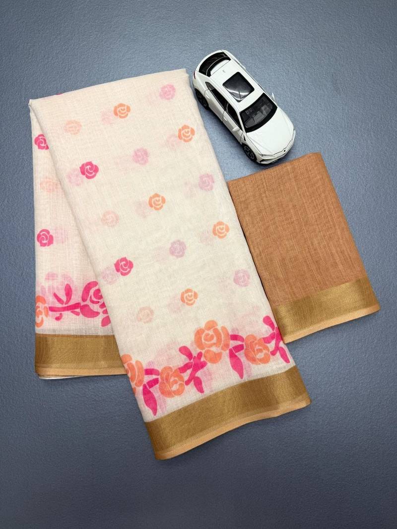 white pink color linen cotton blend digital printed sarees