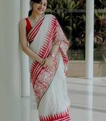 white red color linen cotton blend digital printed sarees