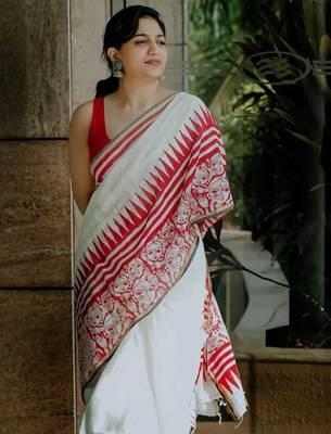 white red color linen cotton blend digital printed sarees 2