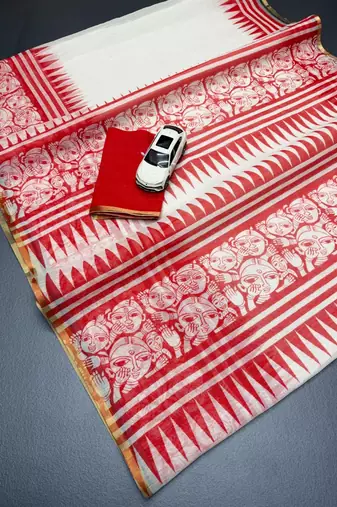 white red color linen cotton blend digital printed sarees