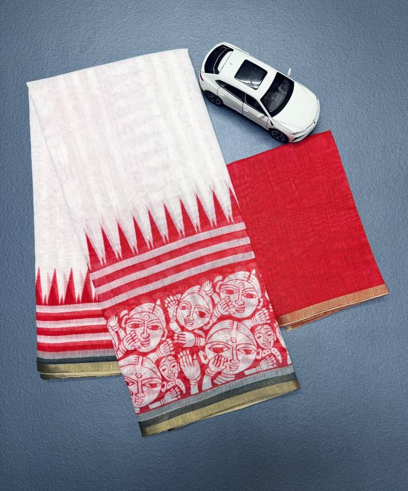 white red color linen cotton blend digital printed sarees