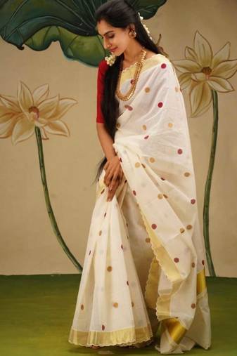 white red color linen cotton blend digital printed gold zari cut border sarees