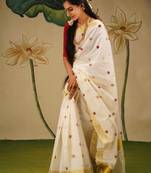 white red color linen cotton blend digital printed gold zari cut border sarees