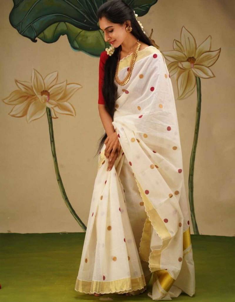 white red color linen cotton blend digital printed gold zari cut border sarees
