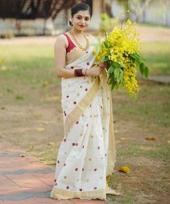 white red color linen cotton blend digital printed gold zari cut border sarees 2