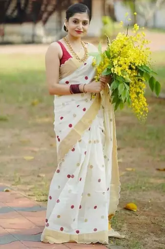 white red color linen cotton blend digital printed gold zari cut border sarees