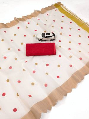 white red color linen cotton blend digital printed gold zari cut border sarees 4