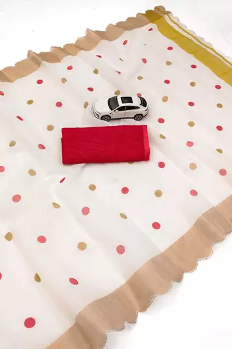 white red color linen cotton blend digital printed gold zari cut border sarees