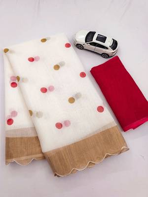 white red color linen cotton blend digital printed gold zari cut border sarees 5