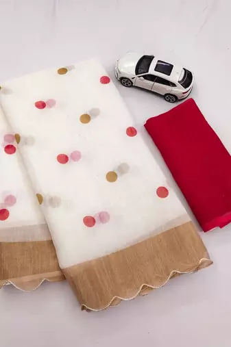 white red color linen cotton blend digital printed gold zari cut border sarees
