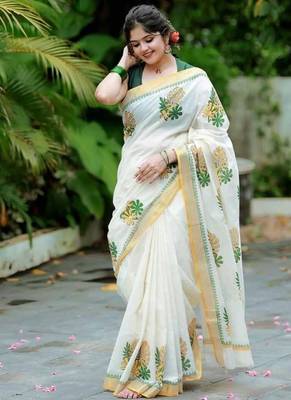 white -light green color linen cotton blend digital printed sarees 1
