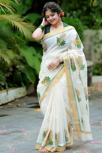 white -light green color linen cotton blend digital printed sarees