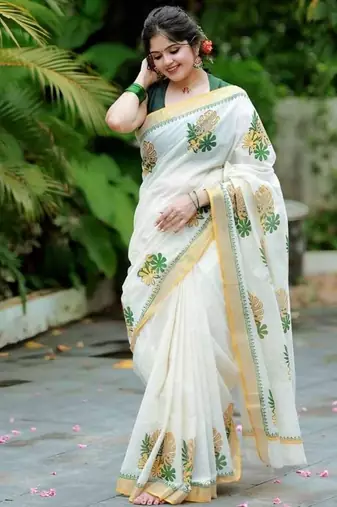 white -light green color linen cotton blend digital printed sarees