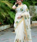 white -light green color linen cotton blend digital printed sarees