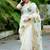 white -light green color linen cotton blend digital printed sarees