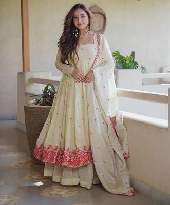 Off white embroidered diamond silk gown set 1