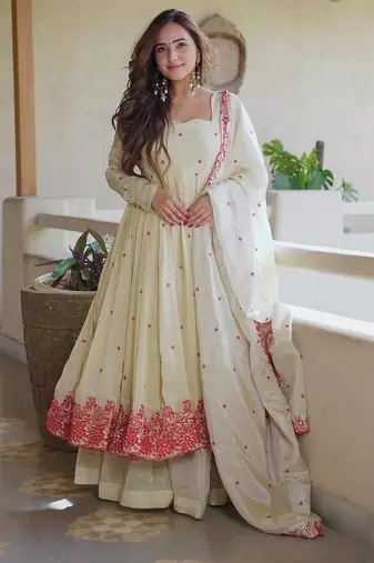 Off white embroidered diamond silk gown set