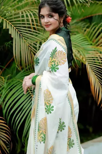 white -light green color linen cotton blend digital printed sarees