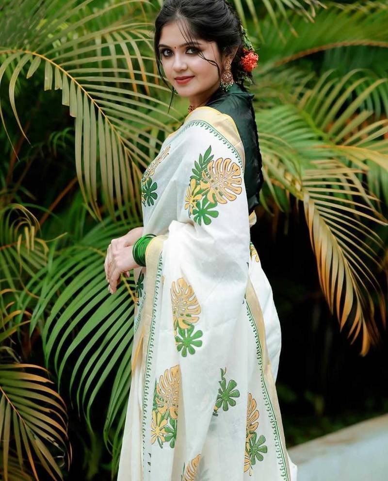 white -light green color linen cotton blend digital printed sarees