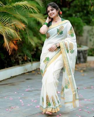 white -light green color linen cotton blend digital printed sarees 3