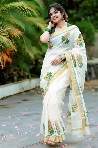white -light green color linen cotton blend digital printed sarees