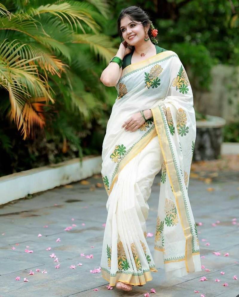 white -light green color linen cotton blend digital printed sarees