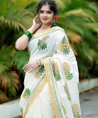white -light green color linen cotton blend digital printed sarees 4