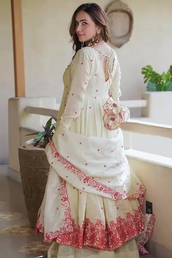 Off white embroidered diamond silk gown set