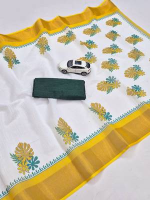 white -light green color linen cotton blend digital printed sarees 5