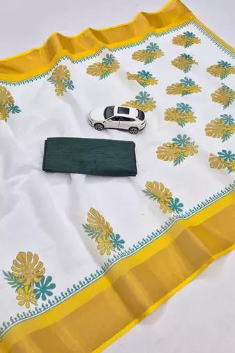 white -light green color linen cotton blend digital printed sarees