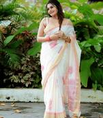 white -pink color linen cotton blend digital printed sarees