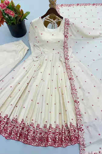 Off white embroidered diamond silk gown set