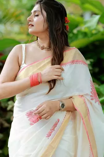 white -pink color linen cotton blend digital printed sarees